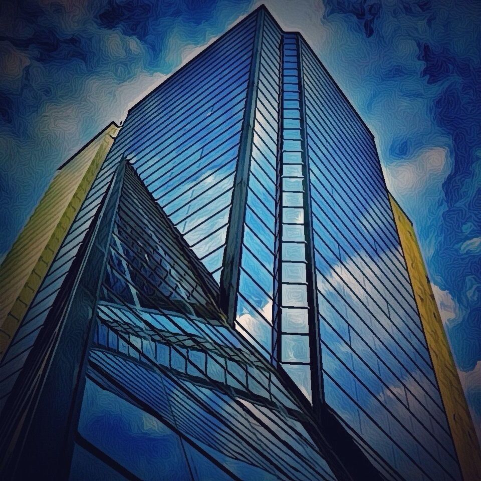 low angle view, architecture, built structure, building exterior, modern, office building, skyscraper, tall - high, city, sky, glass - material, reflection, building, tower, cloud - sky, tall, cloud, glass, no people, outdoors