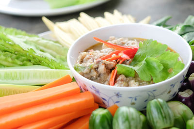 Close-up of meal served in bowl on table