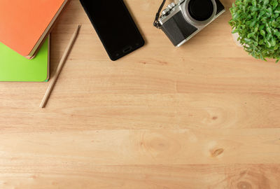 High angle view of camera on table