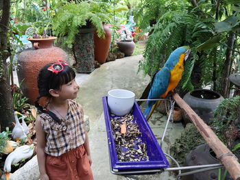 Full length of girl perching on plant