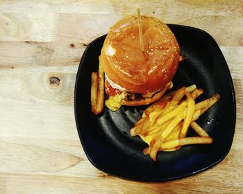 High angle view of food in plate on table