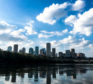Scenic view of river and buildings against sky