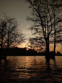 Silhouette bare trees by lake against sky during sunset