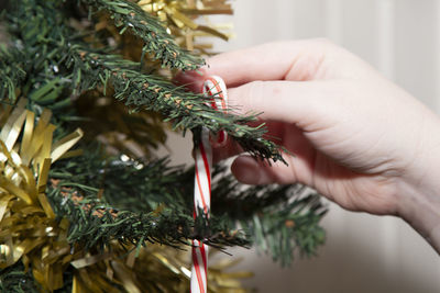 Close-up of hand decorating christmas tree