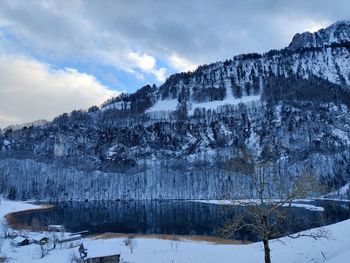 Scenic view of snowcapped mountains against sky