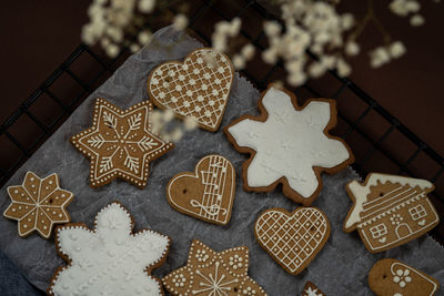 High angle view of cookies on table