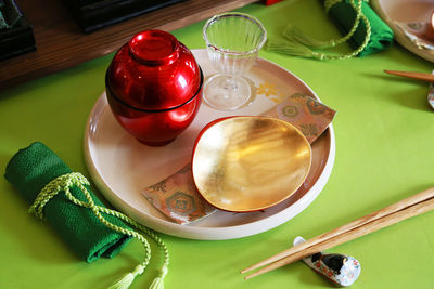 High angle view of tableware on table
