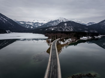 Scenic view of lake and snowcapped mountains against sky