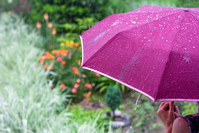 Wet hand holding umbrella during rainy season