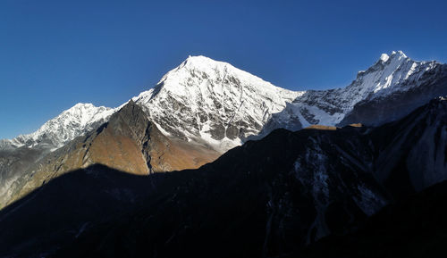 Scenic view of snowcapped mountains against clear blue sky