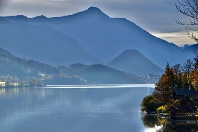 Scenic view of lake and mountains against sky