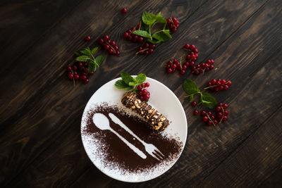 High angle view of dessert served on table