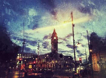 Digital composite image of illuminated building at night