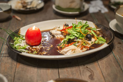 High angle view of fruit salad in plate