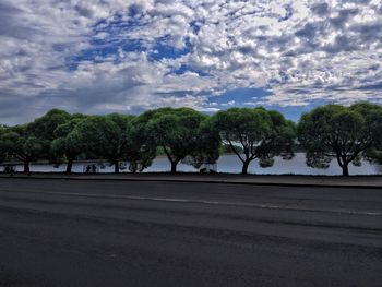 Trees by road against sky in city