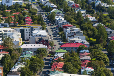 High angle view of townscape and trees in town