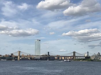 Bridge over river in city against sky