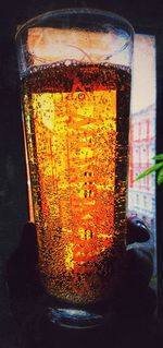 Close-up of beer glass on table