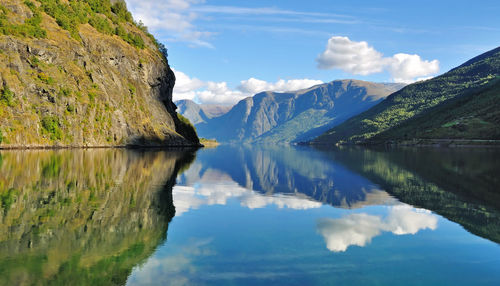 Scenic view of lake and mountains against blue sky