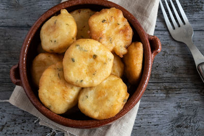 High angle view of bread in container on table