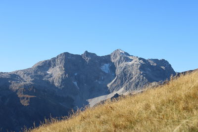 Scenic view of snowcapped mountains against clear blue sky