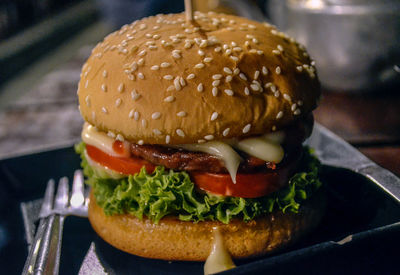 Close-up of burger on table