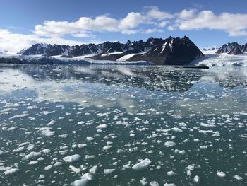 Glassy arctic fjord reflection of mountains and two glaciers on svarlbad