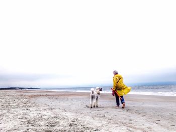 Rear view of senior woman with dog at beach against sky