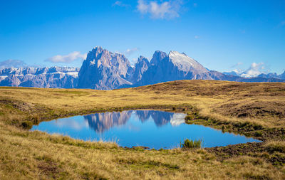 Scenic view of lake and mountains against blue sky