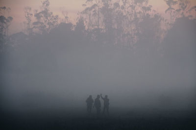 Scenic view of trees in foggy weather against sky