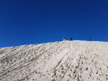 Snow covered landscape against clear blue sky