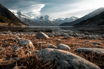 Scenic view of snowcapped mountains against sky