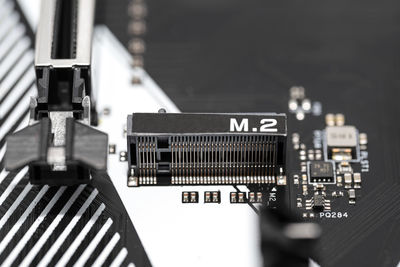 The macro shot of the m.2 connector for internally mounted computer expansion cards.