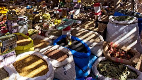 High angle view of vegetables for sale at market stall