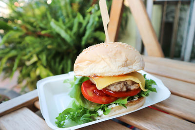 Close-up of burger on table