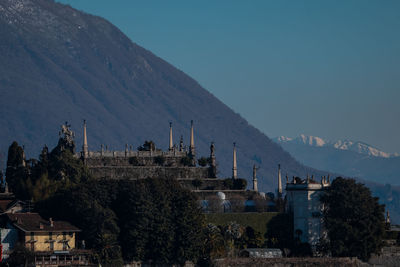 Panoramic view of buildings and mountains against clear sky