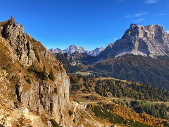 Scenic view of rocky mountains against clear blue sky