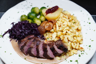 High angle view of breakfast served in plate