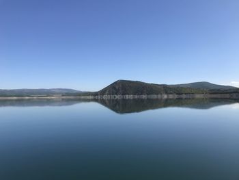 Scenic view of lake against clear blue sky