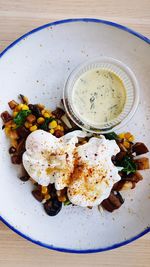 High angle view of food served on table