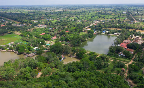 High angle view of river amidst buildings in city