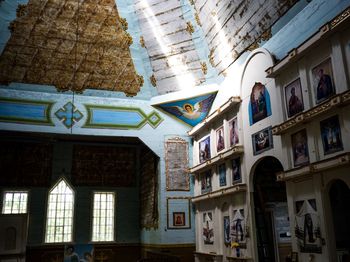 Low angle view of stained glass on building