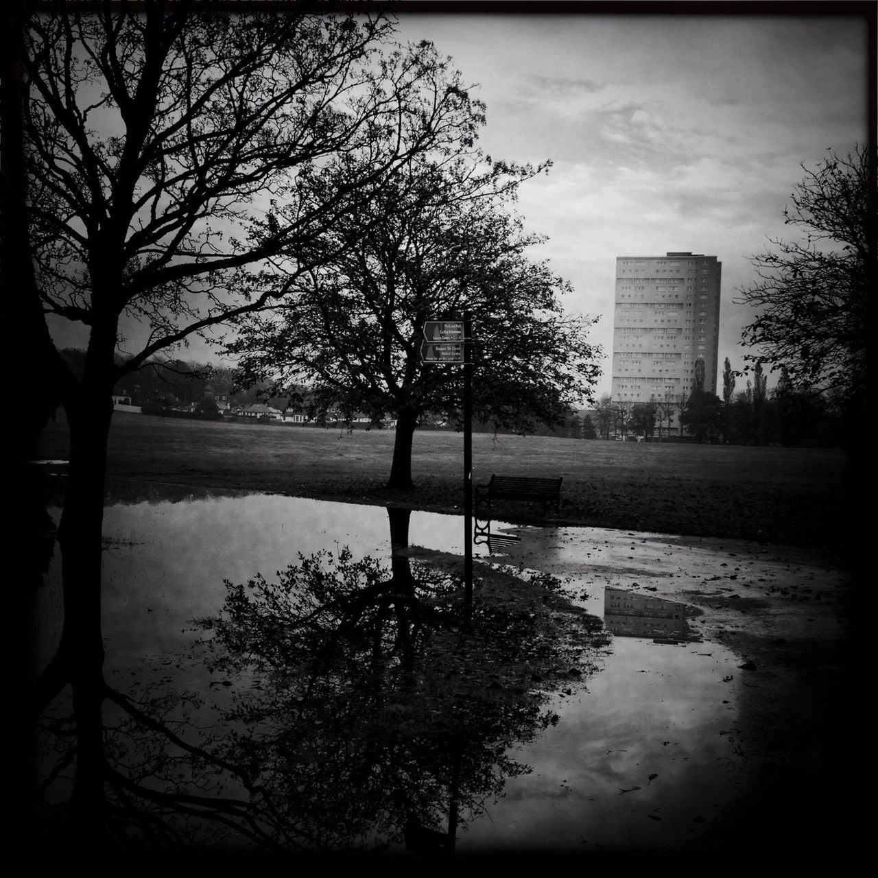 tree, transfer print, water, sky, silhouette, auto post production filter, architecture, bare tree, built structure, branch, building exterior, reflection, tranquility, lake, nature, river, tranquil scene, growth, tree trunk, cloud - sky