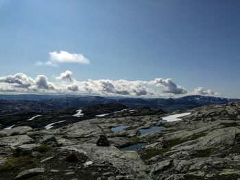 Scenic view of sea and mountains against sky