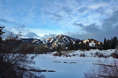 Scenic view of snowcapped mountains against sky