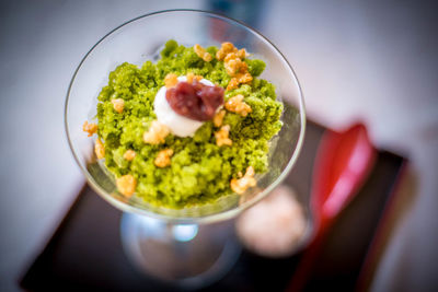 High angle view of meal served in bowl on table