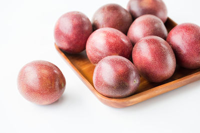 High angle view of fruits on white table