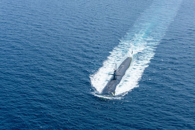 High angle view of sailboat in sea