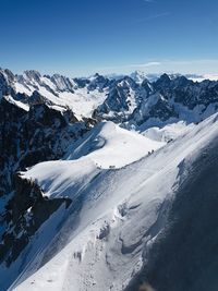 Scenic view of snow covered mountains against sky