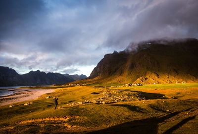 Scenic view of field, beach and mountains against sunset sky, lofoten, norway